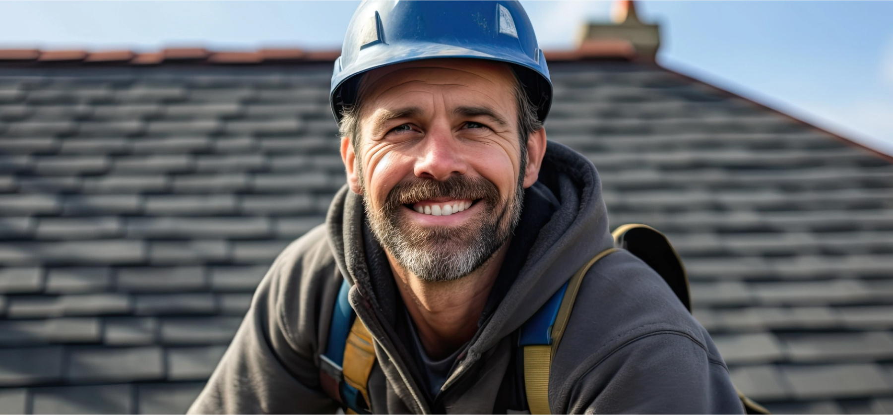 Smiling man wearing hardhat pictured on a roof. 