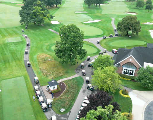 Overhead view of golf carts at Barton Hills Country Club in Ann Arbor