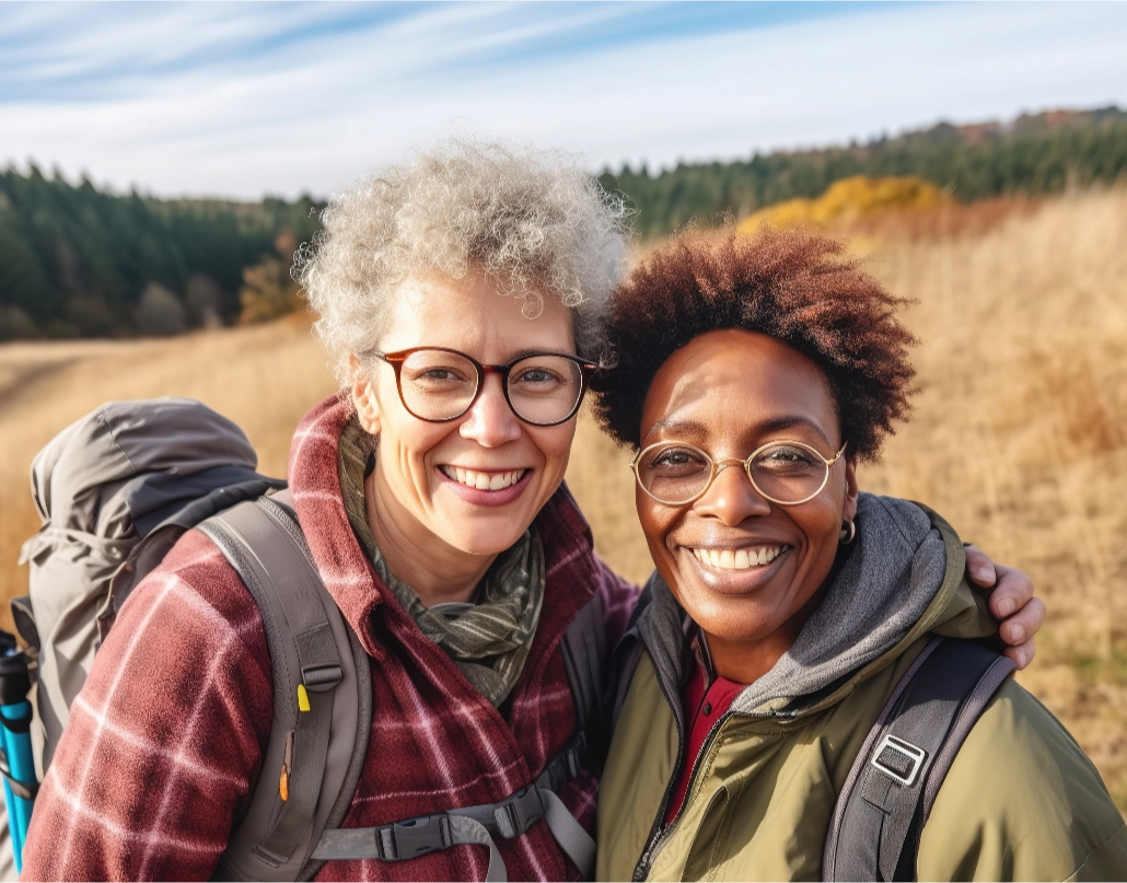 Two women with camping and hiking gear on hiking trail. 