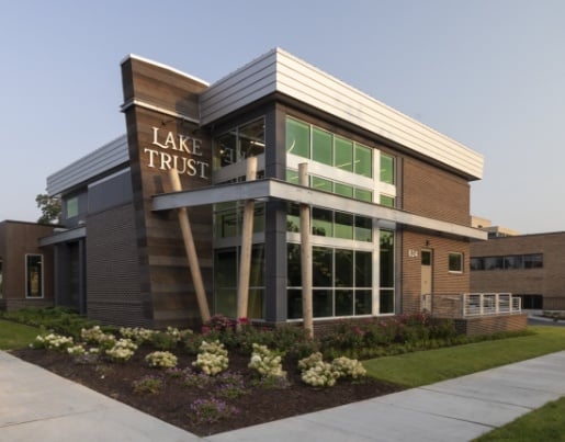 A rendering of a Lake Trust Credit Union branch building