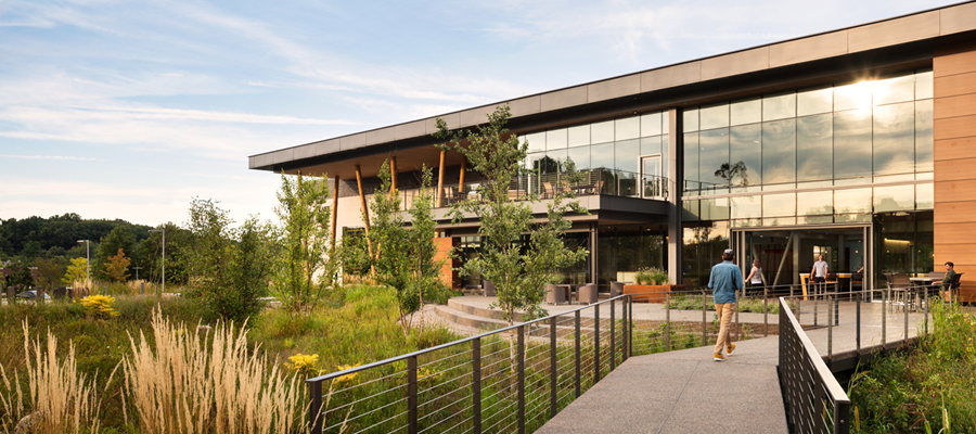 The front walkway leading to the Lake Trust Credit Union headquarters building