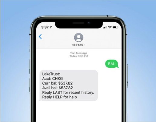 A text message from Lake Trust text banking showing account balances