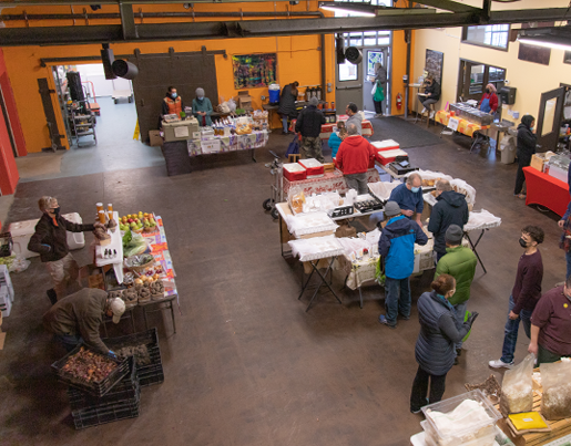 Overhead shot of indoor farmers market at Allen Neighborhood Center. 